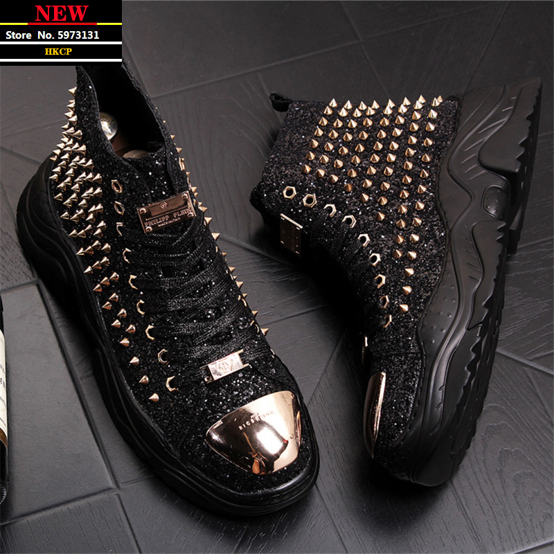 Silver Glitter Bling Bling Spikes Lace Up High Top Mens Sneakers